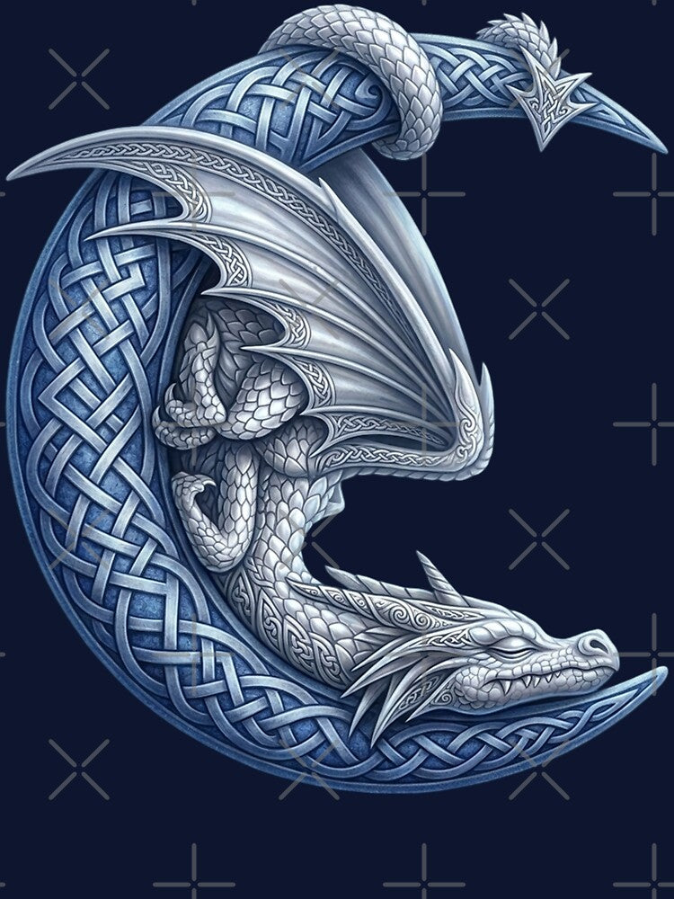 Silver Celtic Dragon Sleeping Crescent Moon Blue by Johan Proud Blade