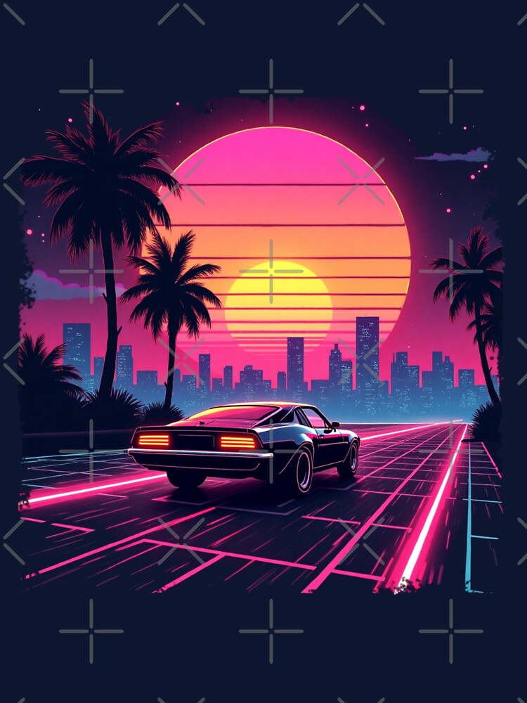 Retro 80s Synthwave T-Shirt – Neon Sunset & Futuristic Car Design by Madustoks