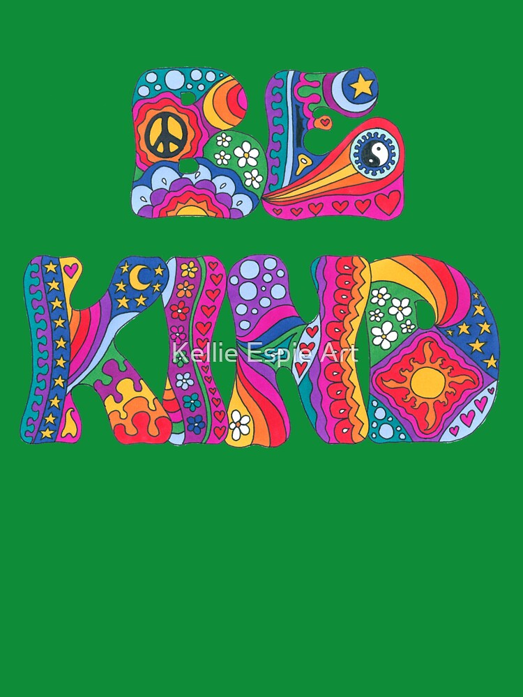 Psychedelic Be Kind Art White– Retro Hippie Rainbow Groovy Peace Design by Kellie Espie Art