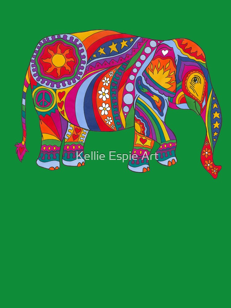 Psychedelic Elephant Art Green– Retro Hippie Rainbow Groovy Peace Design by Kellie Espie Art