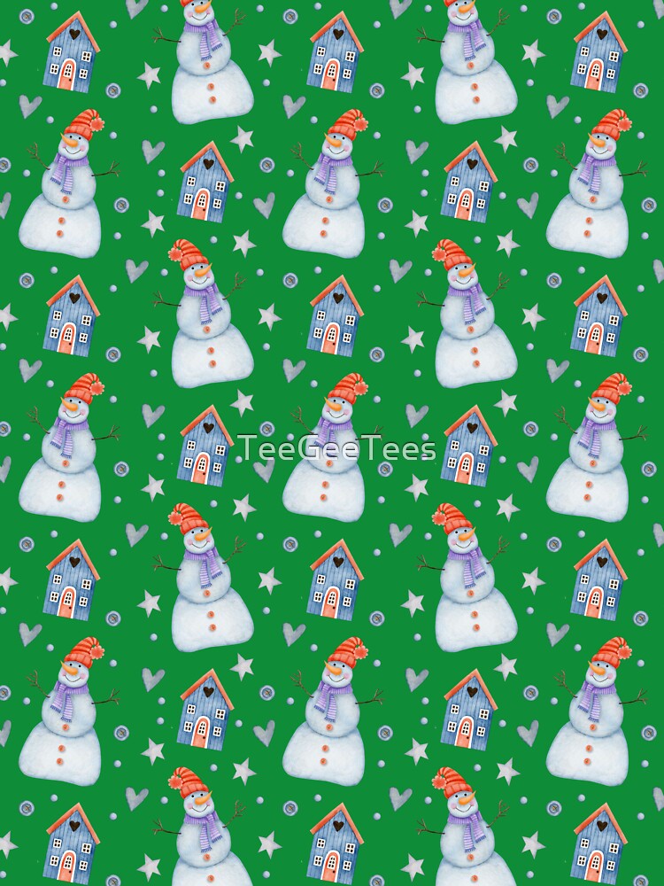 Snowman and House on White Christmas Paper Pattern by TeeGeeTees