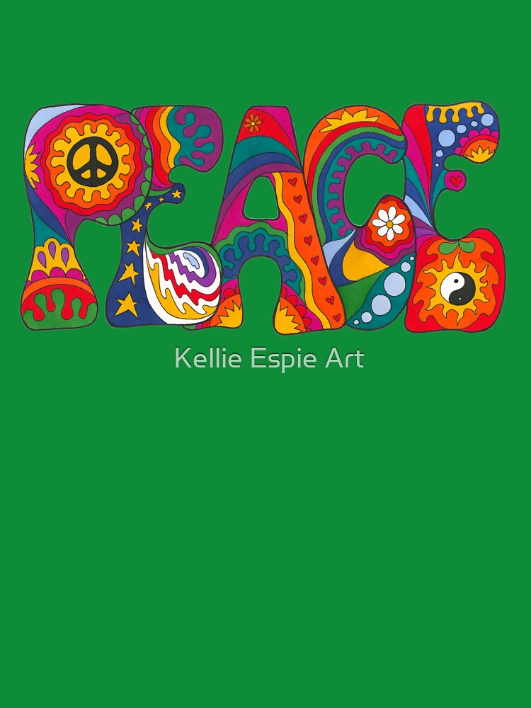 Psychedelic Peace Word Art Blue- Retro Hippie Rainbow Groovy Peace Design by Kellie Espie Art