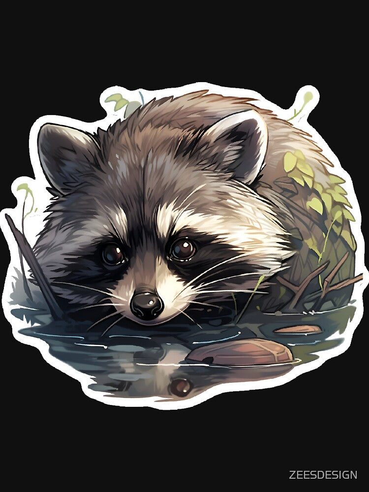 Raccoon washing food and water reflection Sticker and T-shirt design by Zeesdesign by ZEESDESIGN