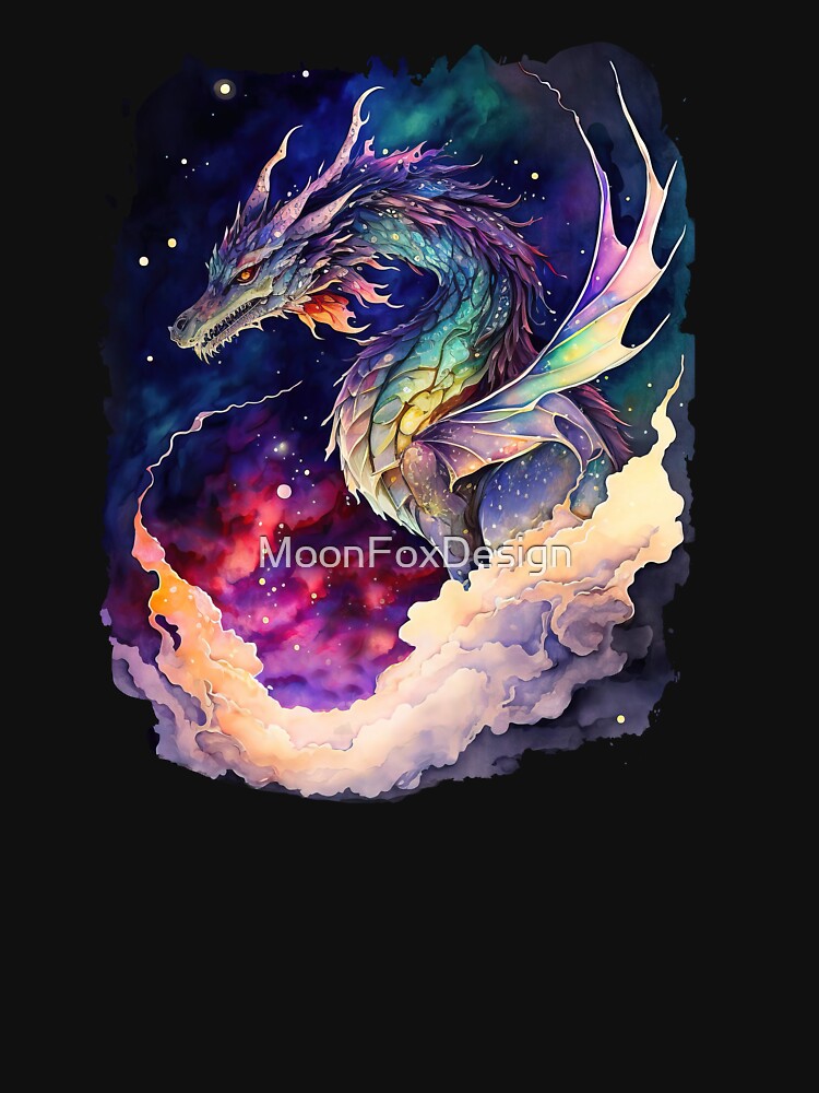 Colorful Starry Dragon in the Deep Space, Nebula Background, Rainbow Dragon by MoonFoxDesign