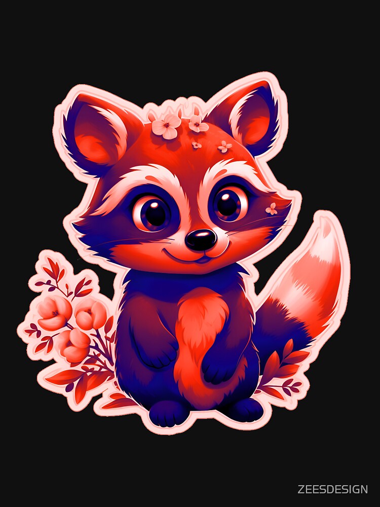 Red And Dark Blue Flower Raccoon Shirt and sticker design by Zeesdesign by ZEESDESIGN