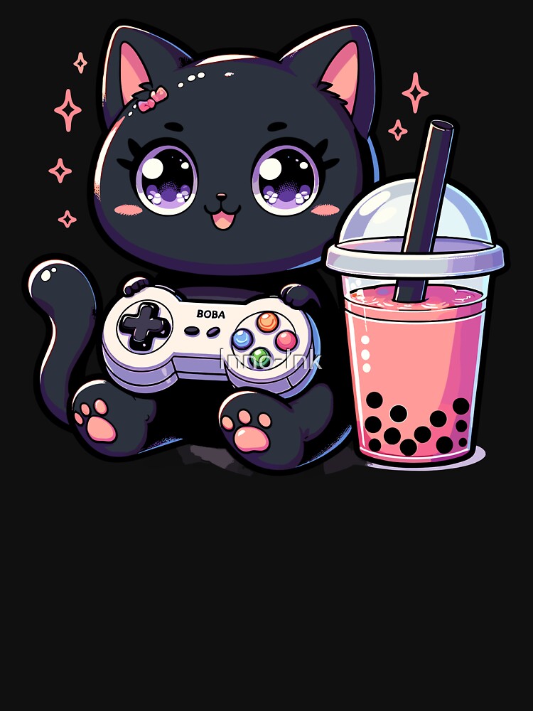 Kawaii Black Cat Drinking Boba Tea Bubble Tea,Gamer Girl,Kawaii Neko Cat Playing Game by Inno-Ink