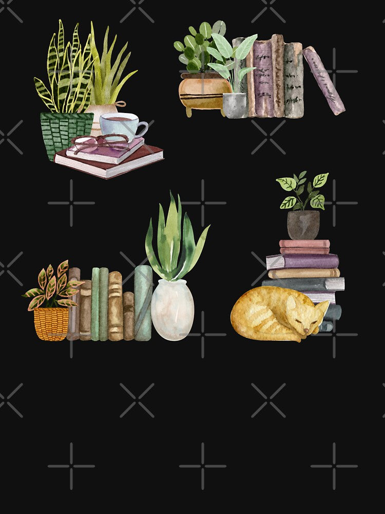 Farmhouse Cottage Bookshelf and Potted Plants - Aesthetic Books Design by SeasonsChange-
