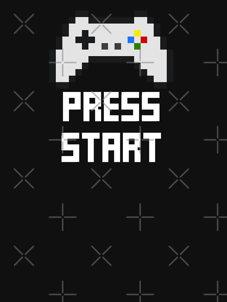 Retro Pixel Art Drawing of a Videogame Controller With Press Start Quote White Color by RiciPaneto