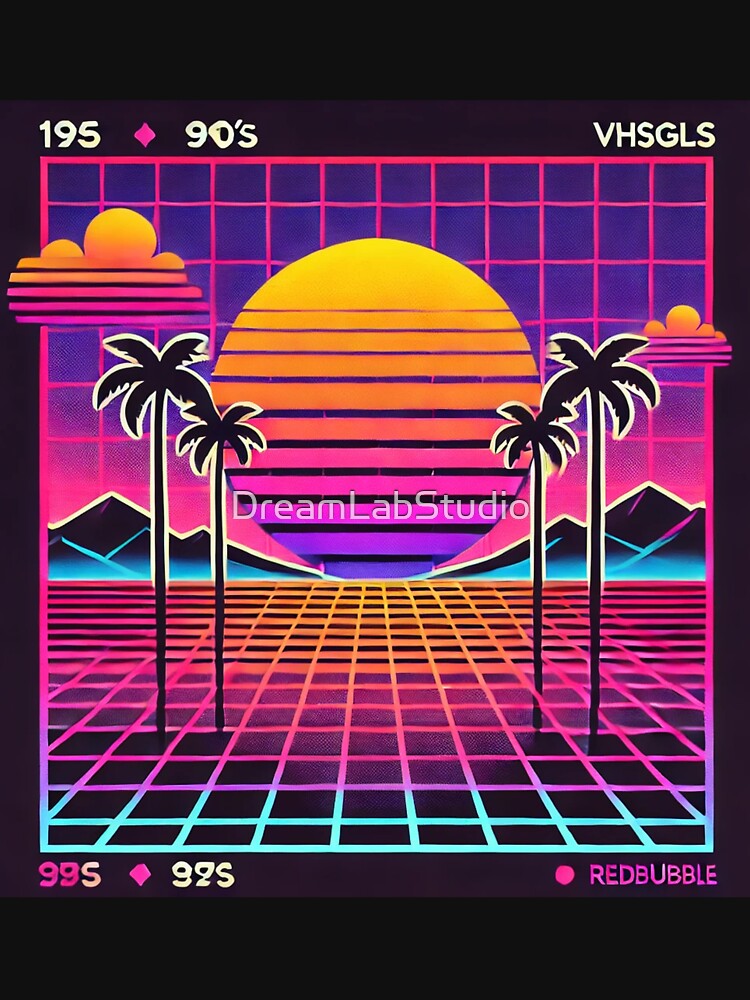 "Retro Sunset with Neon Palm Trees - 80s Aesthetic" by DreamLabStudio