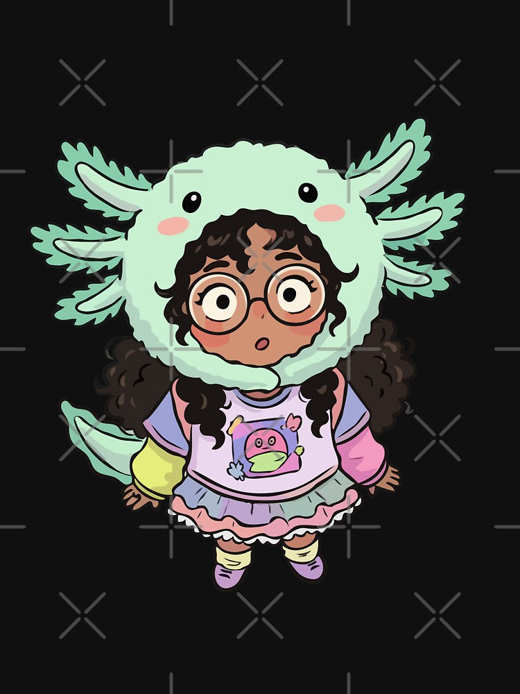 Chibi Girl in Mint Axolotl Hood by Emegan Print Art