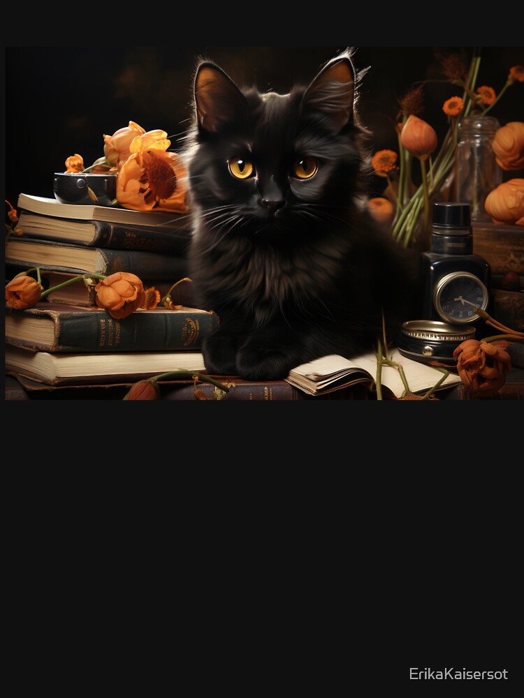 Black Cat in Vintage Library Still Life by Erika Kaisersot