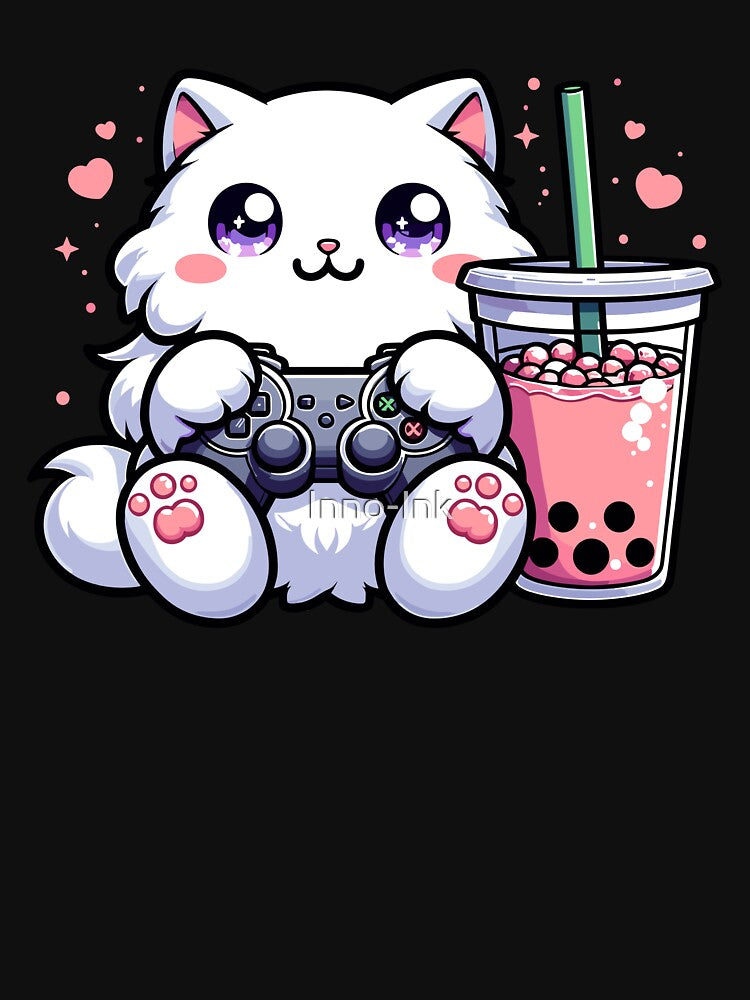 Kawaii White Cat Drinking Boba Tea Bubble Tea,Gamer Girl,Kawaii Neko Cat Playing Game by Inno-Ink