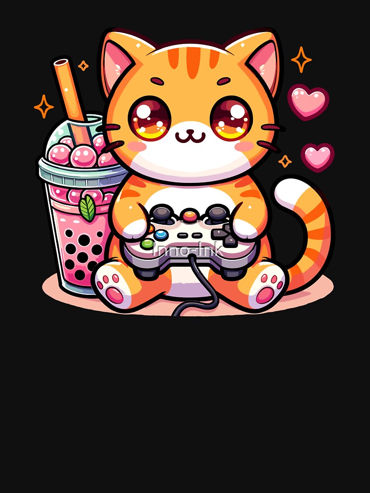 Kawaii Orange Cat Drinking Boba Tea Bubble Tea,Gamer Girl,Kawaii Neko Cat Playing Game by Inno-Ink