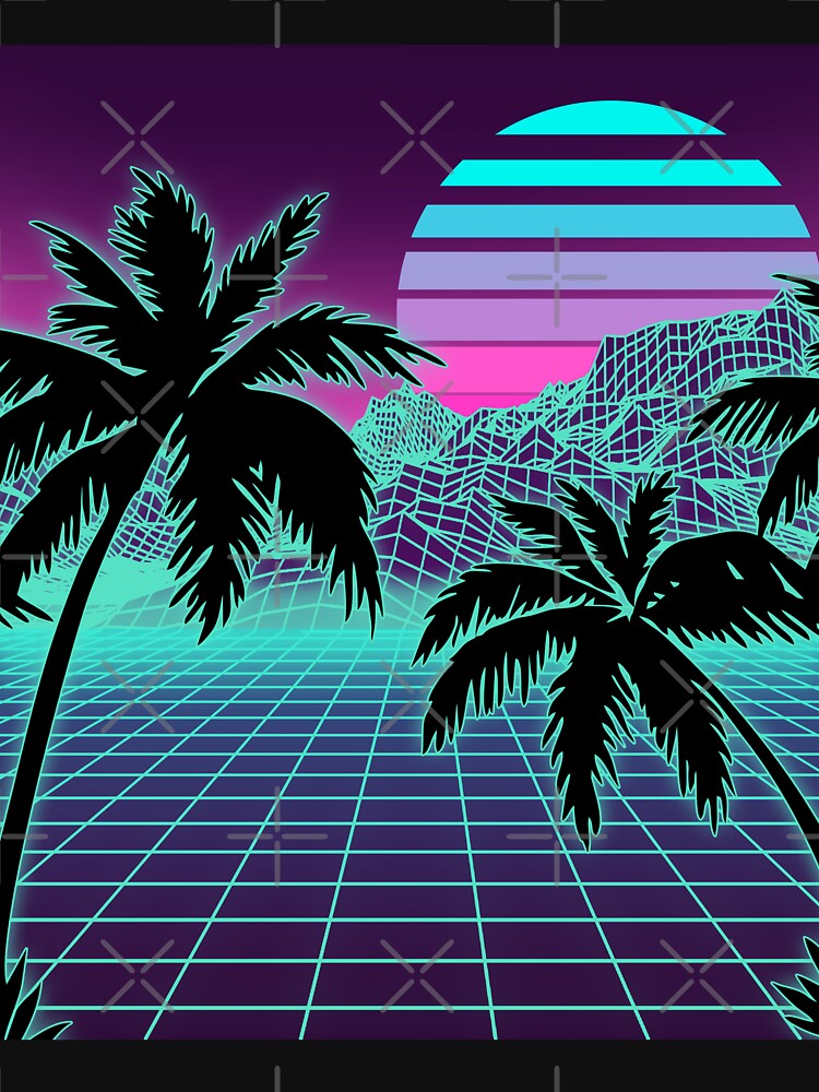 Retro 80s Vaporwave Sunset Sunrise With Outrun style grid print by D-C-Designs