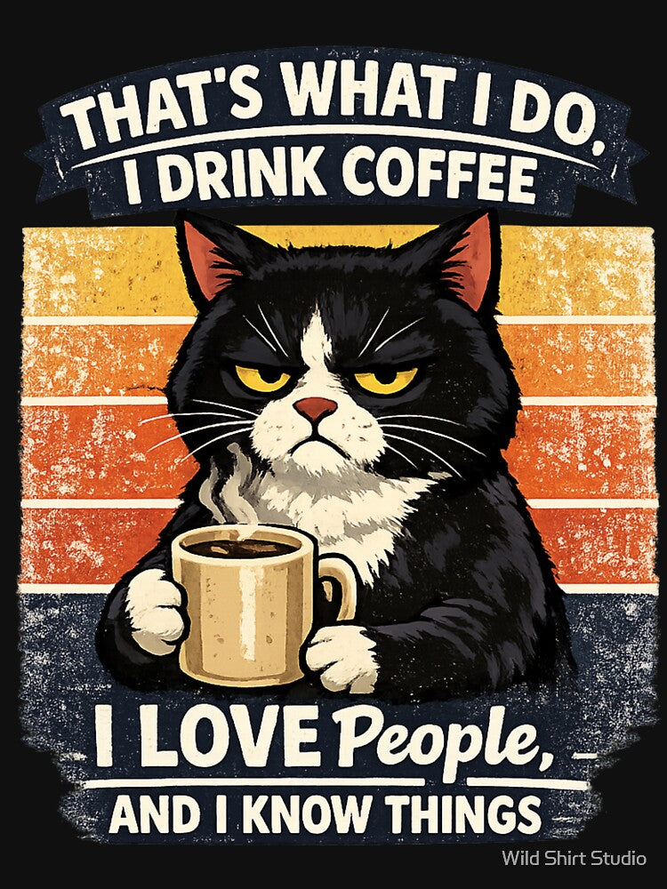 That's What I Do I Drink Coffee I Love People And I Know Things Cat Drinking by Wild Shirt Studio