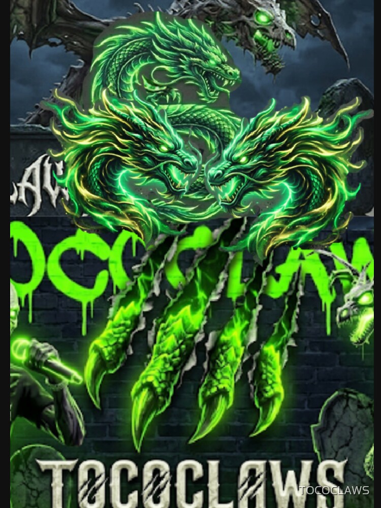 Three fierce, glowing neon green dragons soaring above massive, shredded claw marks. by TOCOCLAWS