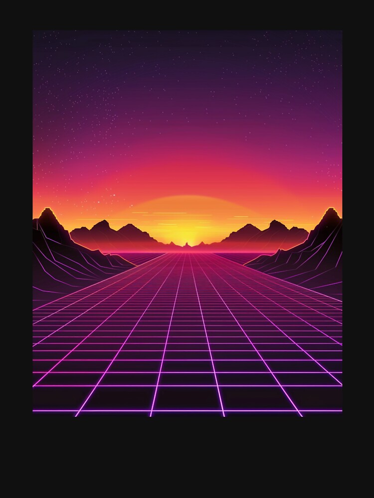 Neon Grid Sunset Synthwave Retro Landscape by RetroWaveArtCo