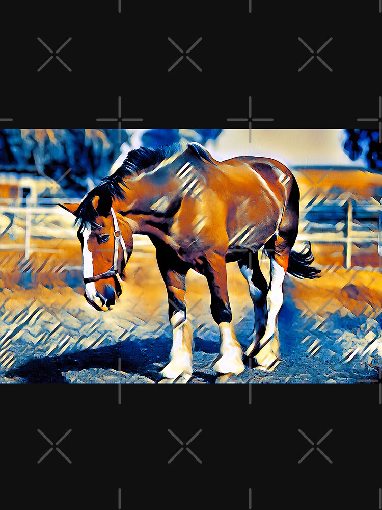 Brown shire horse outside – digital painting with dark blue and light brown color palette by NickoPrints