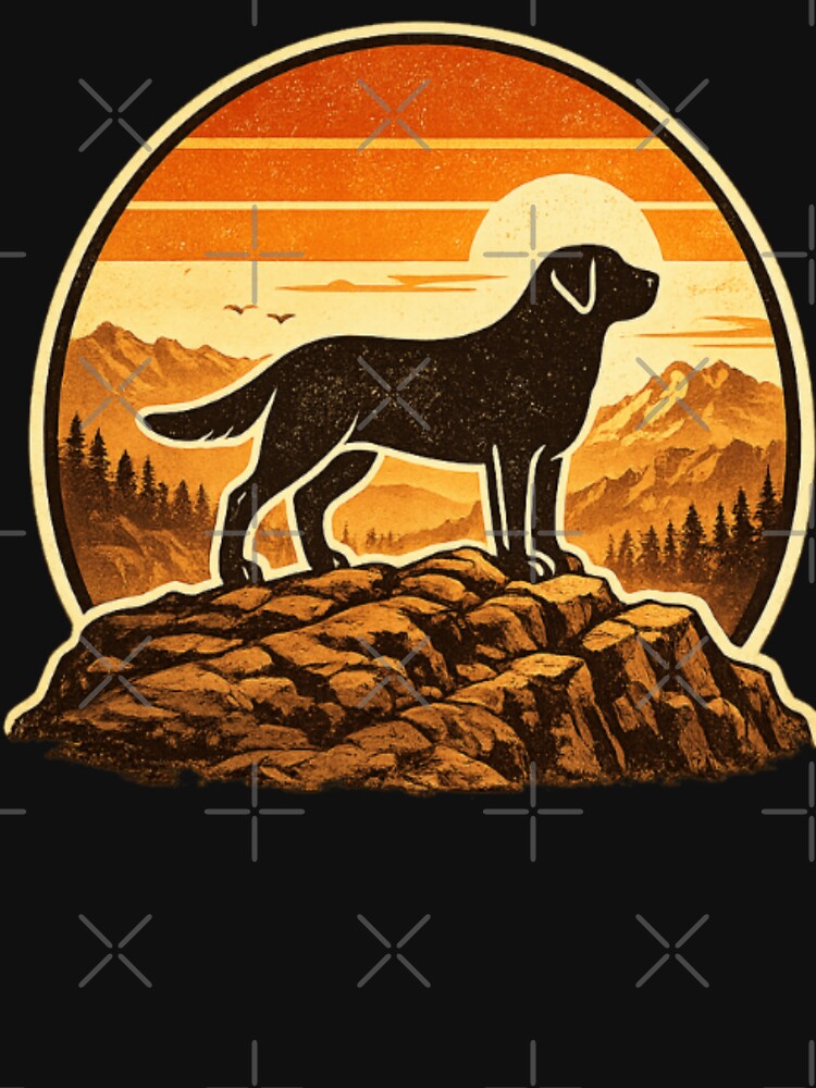 Hiking Labrador Silhouette – Retro Sunset Mountain Dog by PawPrintCustom