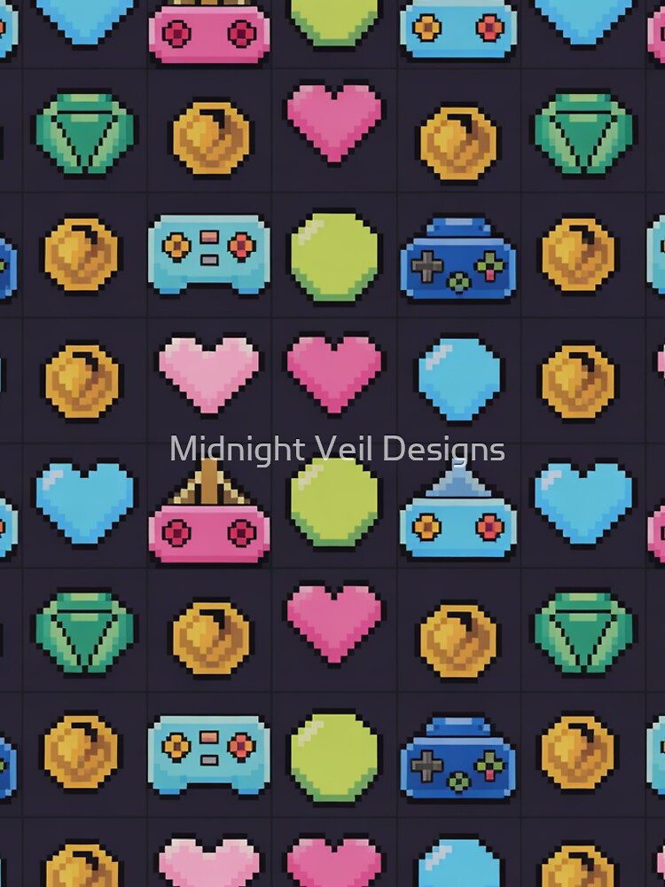 Pixel Art Retro Gaming Pattern | 8-Bit Controllers Coins Hearts Dark Grid by Midnight Veil Designs