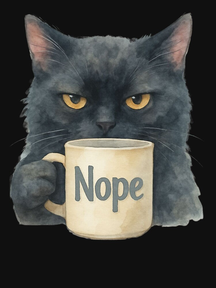 Black Cat Holding a Mug That Says Nope – Funny Whimsical Cat Art by baggycatsworld