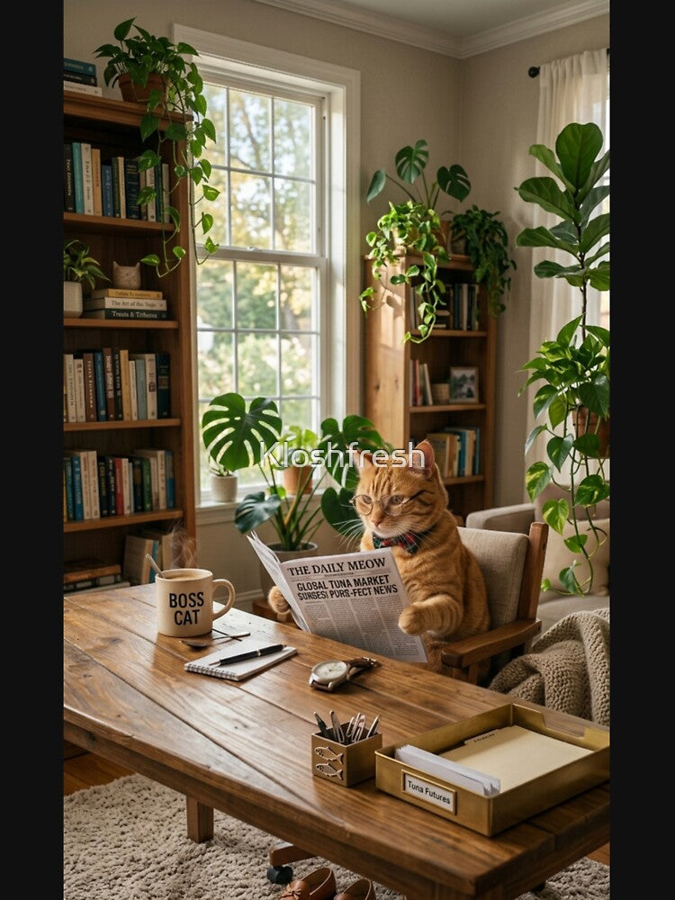 Cute Cat Reading Book in Cozy Plant Room Library by Kloshfresh