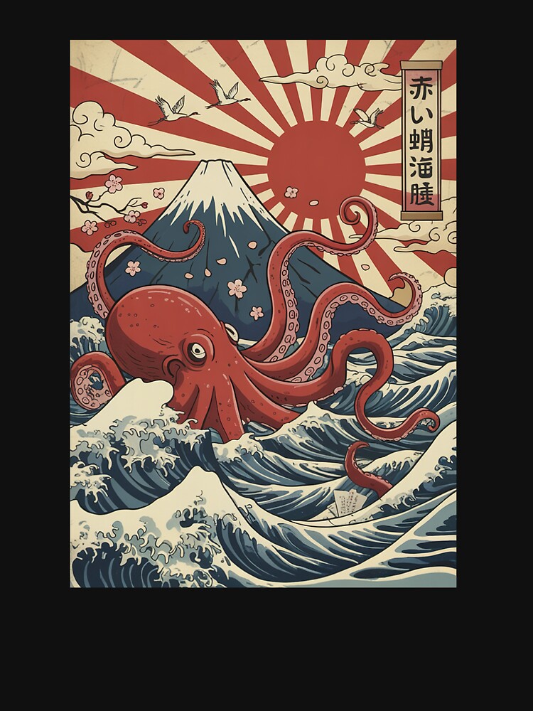 Red Octopus Japanese Waves Kraken Vintage by suhairee-studio