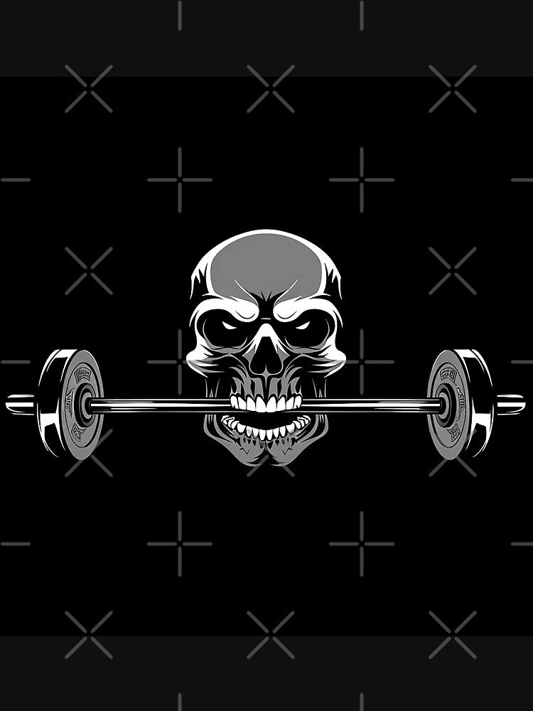 Skull Biting a Barbell Gothic Weightlifting Gym Art by inkoutninja