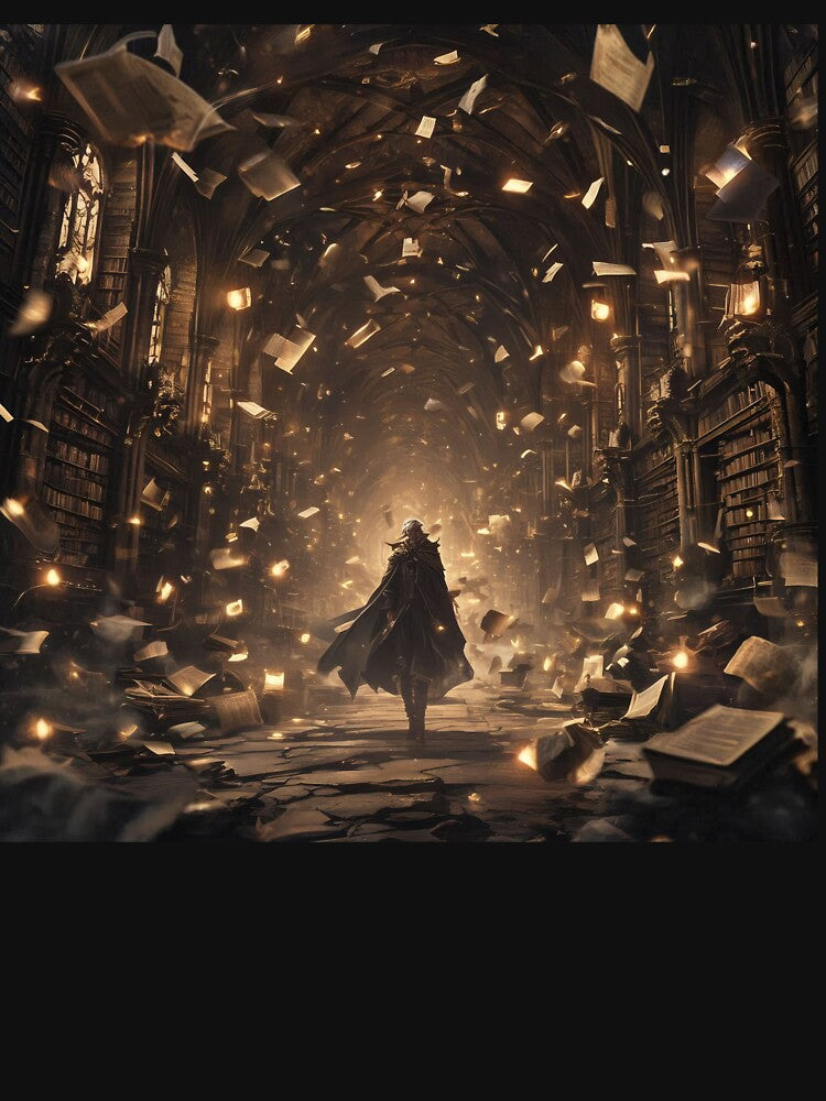 Whispers of the Ancients: The Solitary Cloaked Wanderer in the Shattered Magical Library by MouradStudio