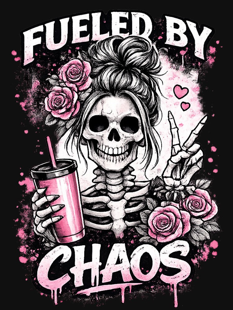 Fueled by Chaos Skeleton Mom Messy Bun Funny Tee by Ghost Of Chill