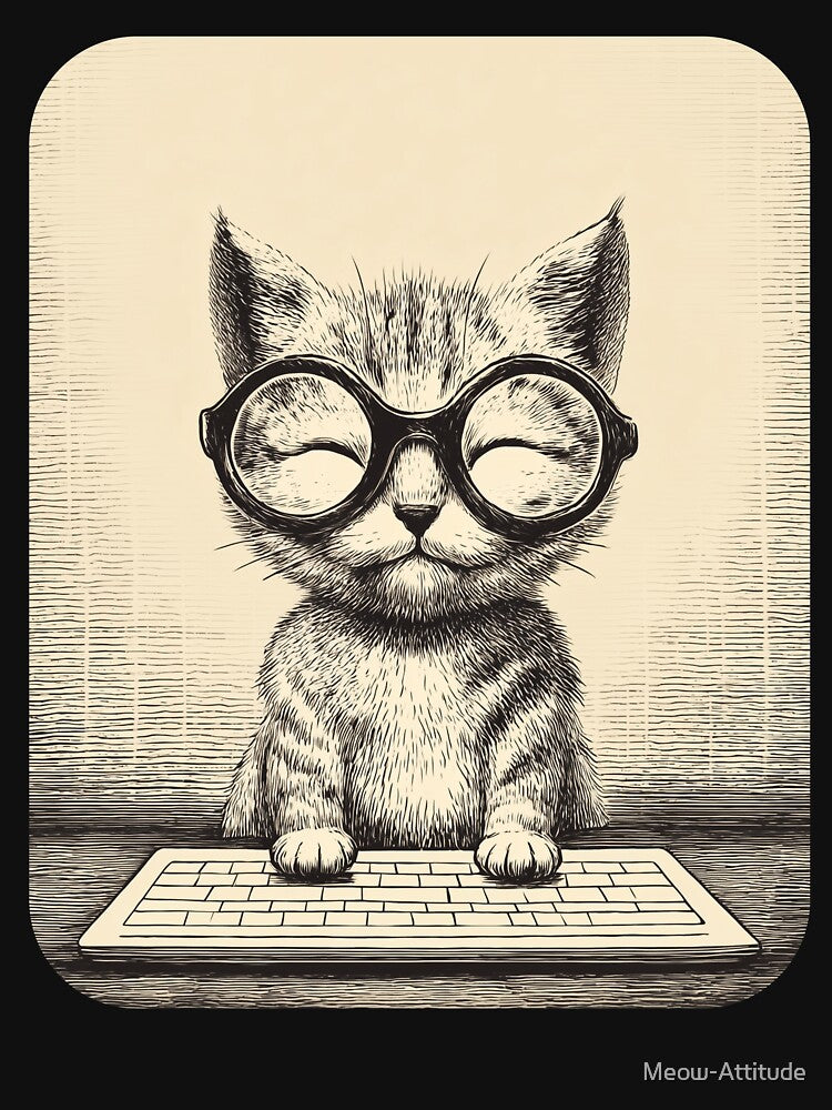 Cute Cat with Glasses Sitting at PC Funny Kawaii Tech Design by Meow-Attitude