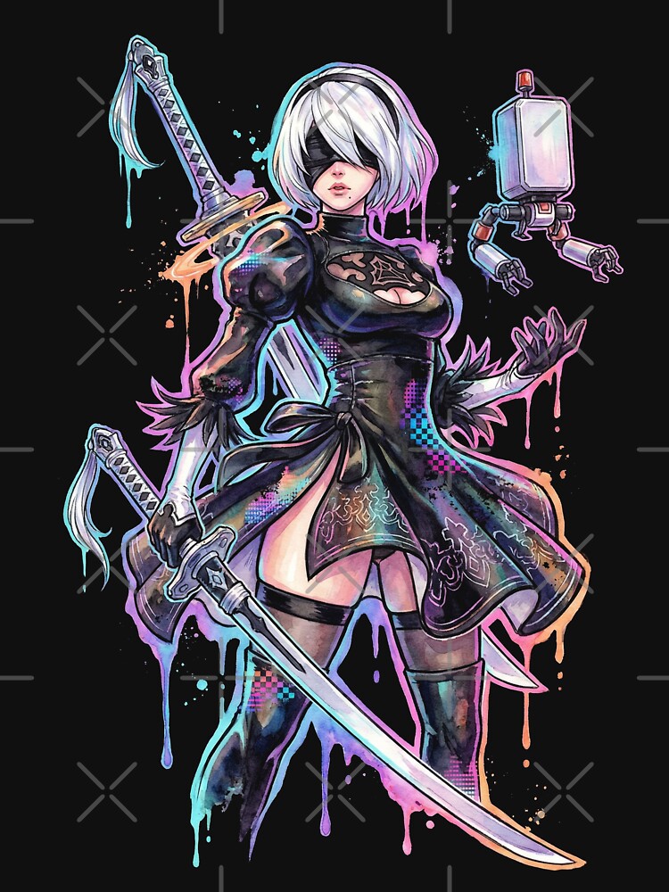 NieR Automata 2B Vaporwave Neon Japanese Text Overlay Design by Senpaiwaves