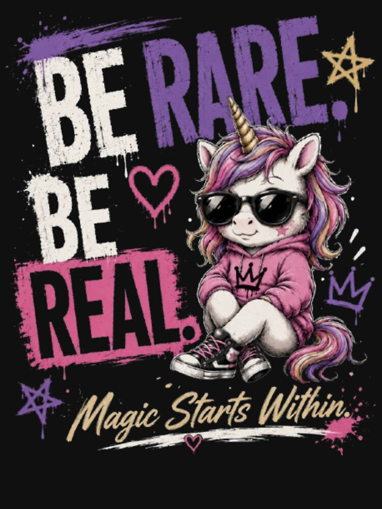 Be Rare Be Real – Whimsical Unicorn Fashion Art by Dogandesighn