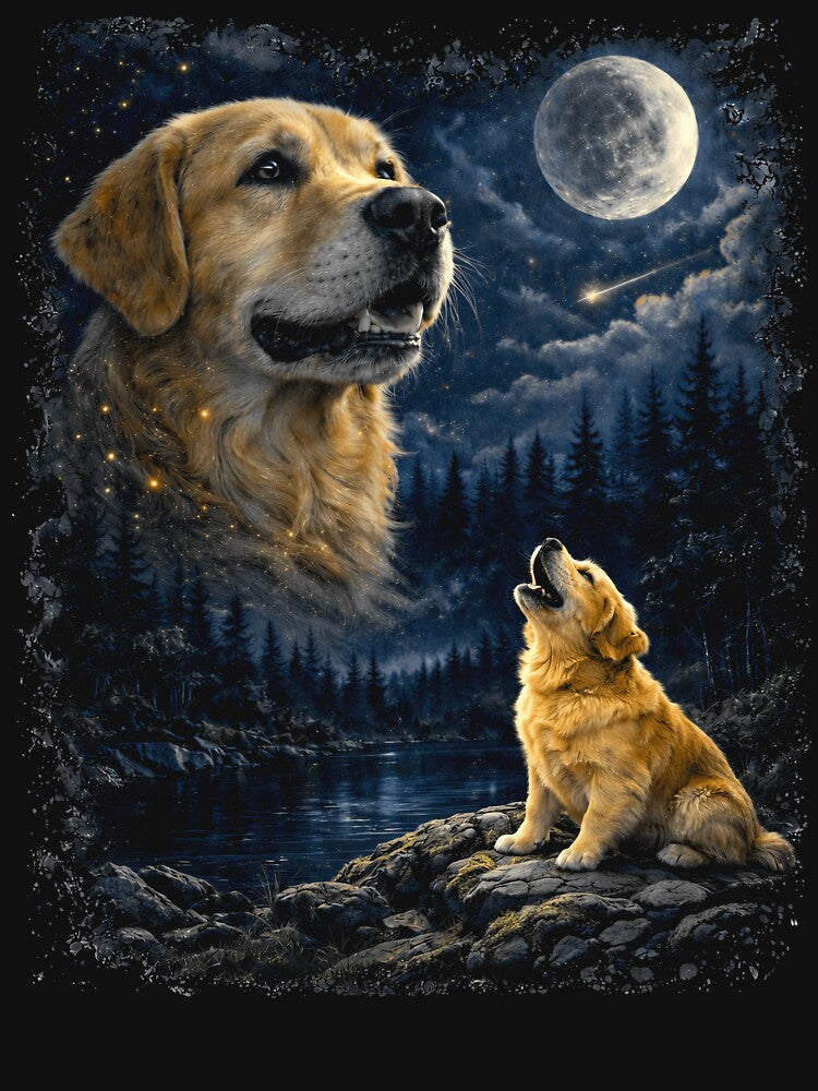 Golden Retriever Howling at the Moon – Vintage 90s Retro Night Sky Dog Art by PosiMCreations