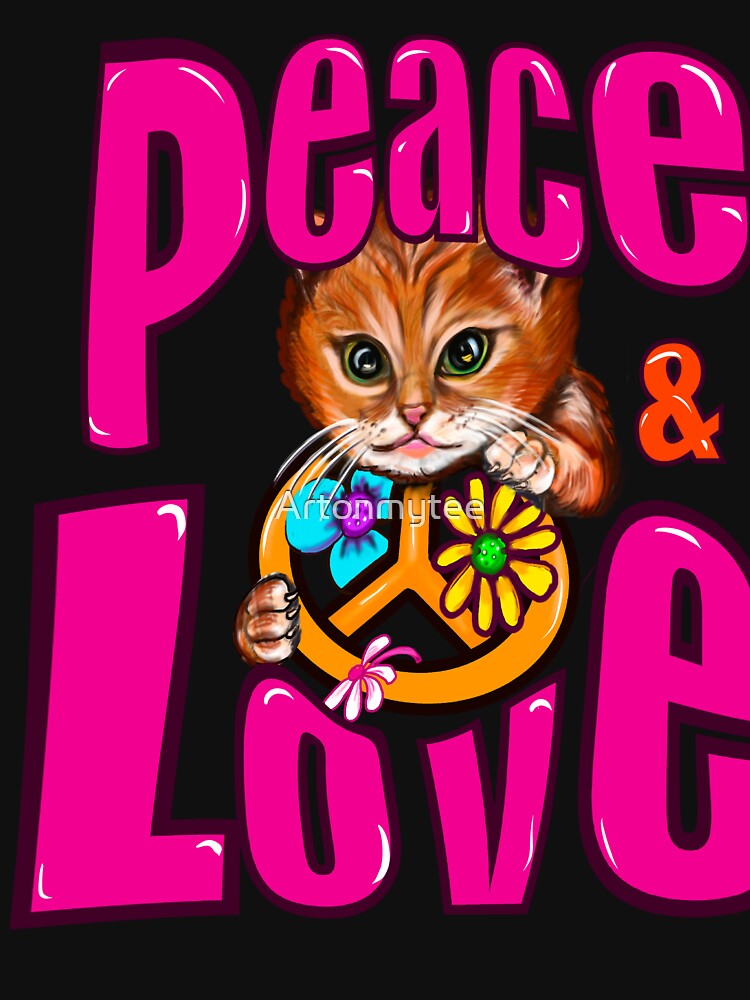 Peace & Love Cat Vintage Retro 70s Pink Floral Aesthetic with Cute Kitten by Artonmytee
