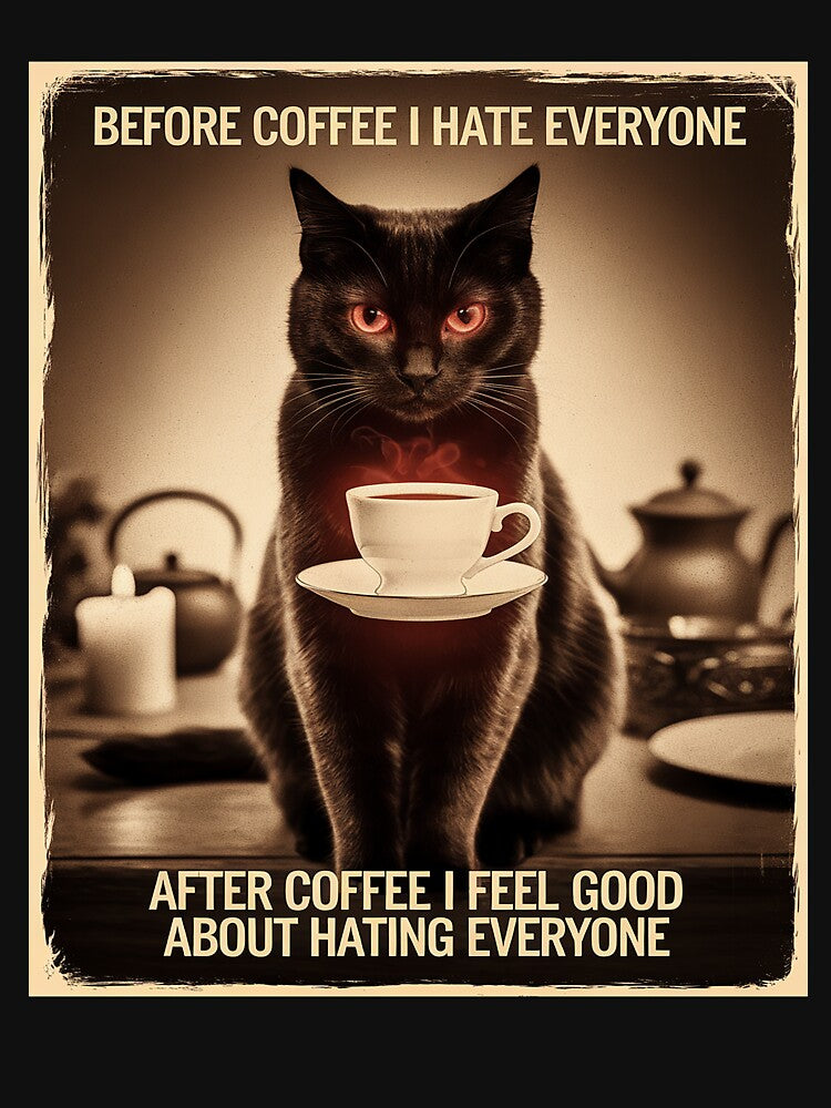 Funny Black Cat lover Coffee Meme Sarcastic Humor by RsFilsingerArt