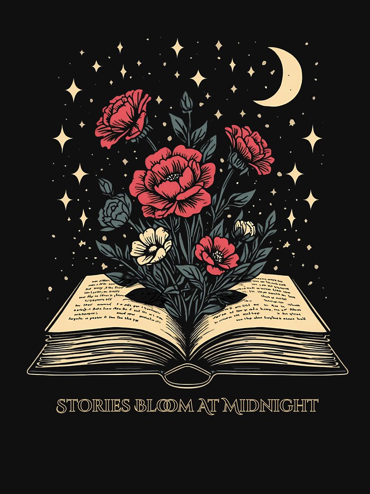Stories Bloom At Midnight – Dark Academia Floral Book Design by PrintologyAura