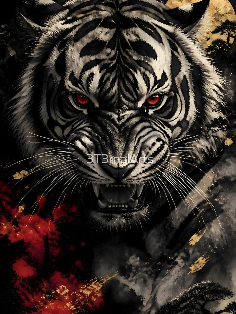 White Tiger Red Eyes Fire Night Art | Fierce Japanese Tiger Dark Prin by 3T3rnalArts