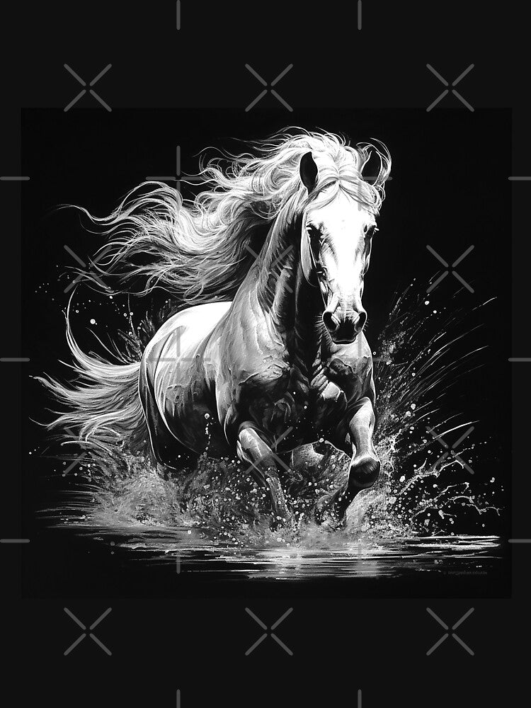 White Horse Running Through Water – Black and White Equestrian Art by inkoutninja