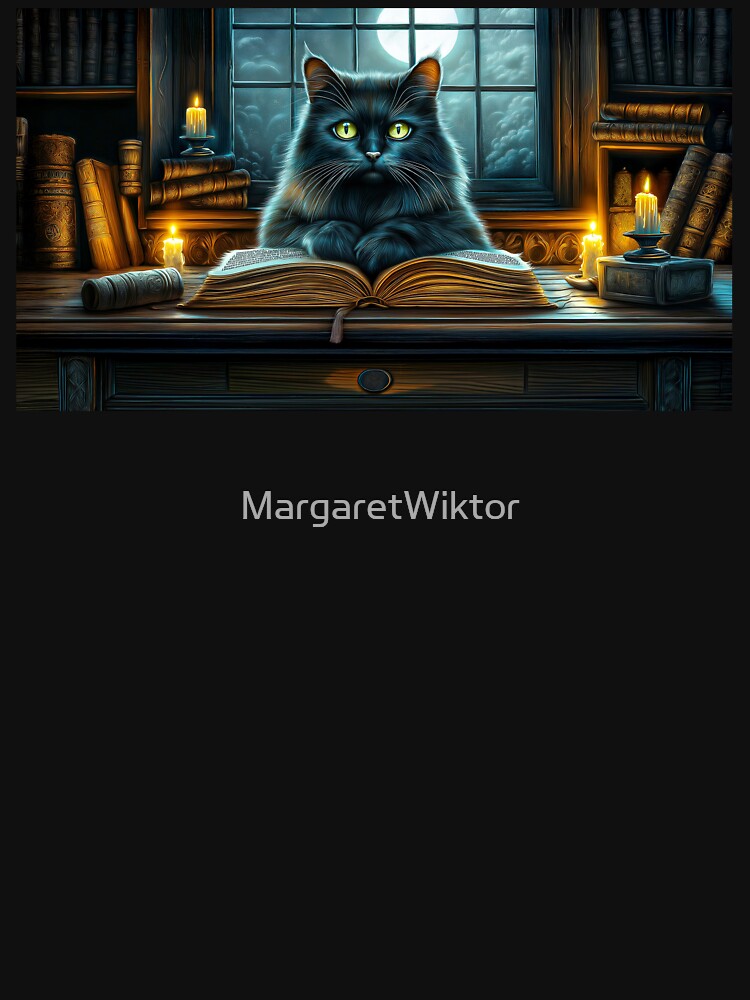 Black Cat in Library – Gothic Dark Academia Fantasy Art by MargaretWiktor