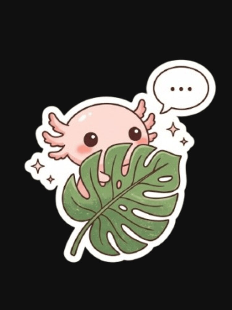 “Shy Axolotl Peek – Cute Kawaii Salamander with Tropical Leaf” by abdelski