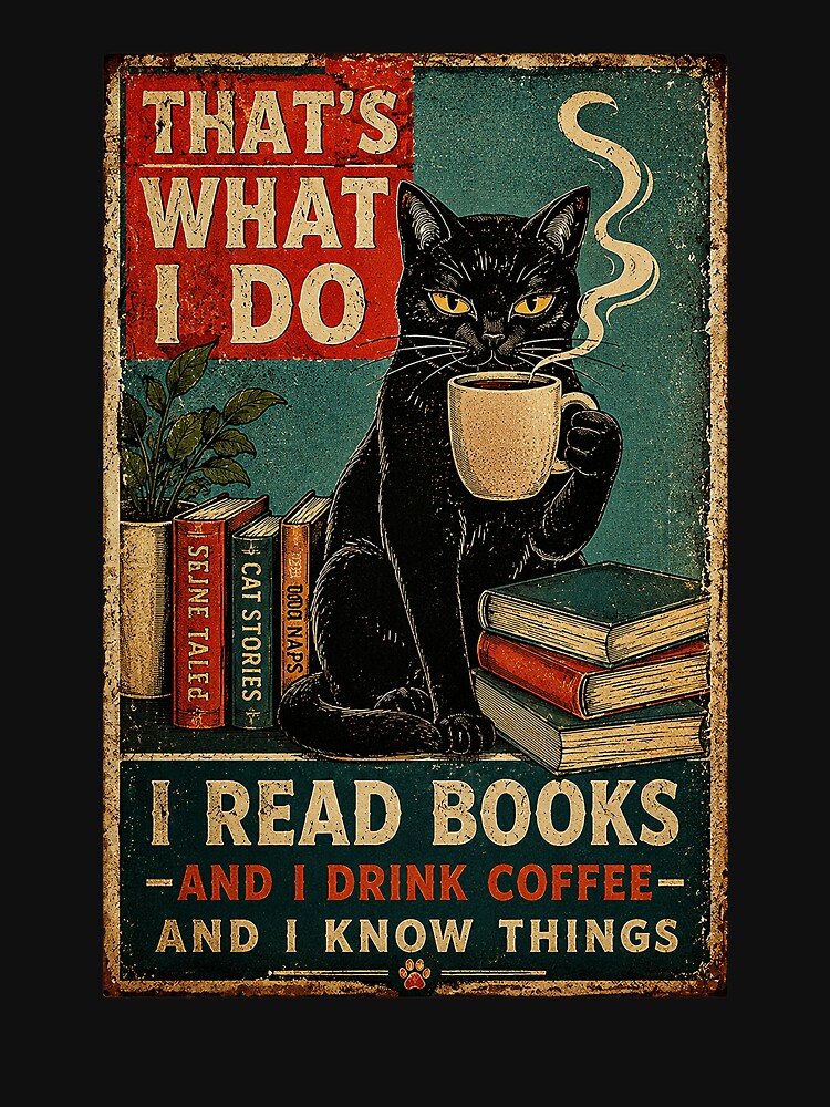 Black Cat Reading Books and Coffee Vintage Library Poster by eliramaison