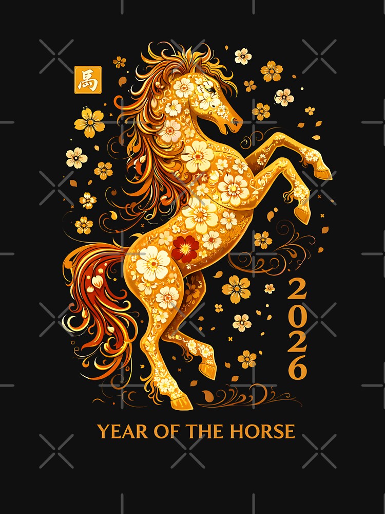 2026 Year of the Horse, Golden Chinese Zodiac Lunar New Year Gift, Floral Horse Asian Art Graphic Tee by saloui
