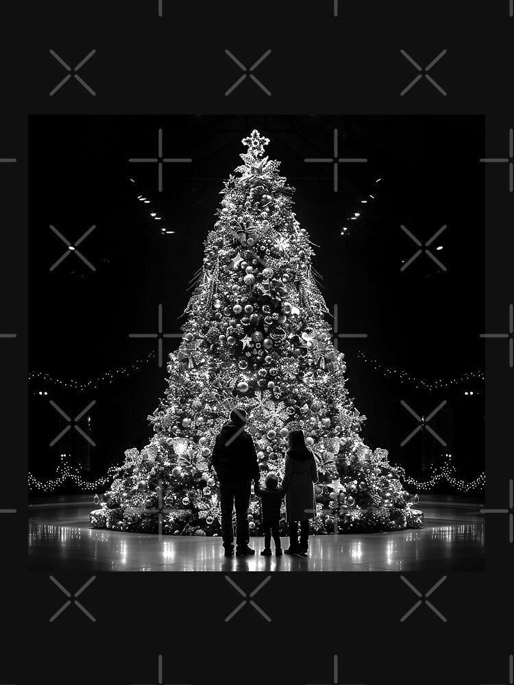 Family Admiring a Giant Christmas Tree – Black and White Holiday Art by inkoutninja