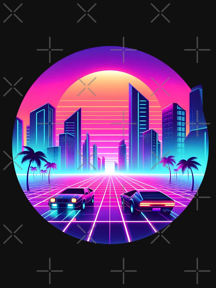 Retro Futuristic Neon Cityscape with Classic Cars by pumsquare