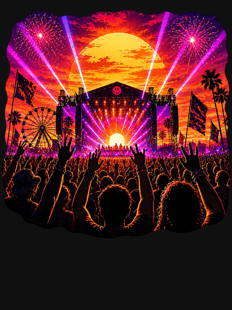 Festival Sunset Stage – Neon Rave Crowd Concert Fireworks Art by Digital Culture Studio