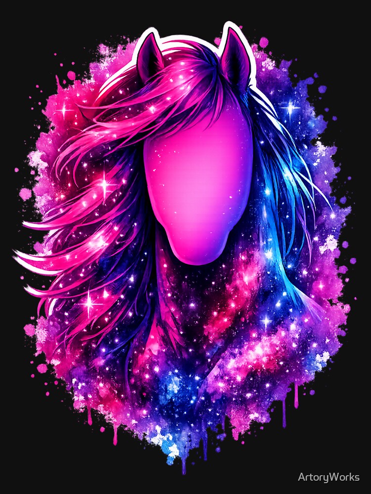 Cosmic Galaxy Horse – Neon Mane Watercolor Fantasy Art by ArtoryWorks