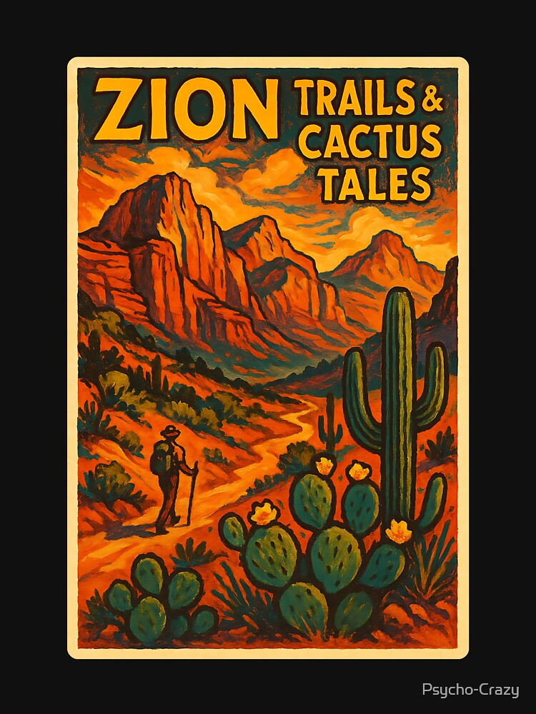 Zion Trails & Cactus Tales – Stylized Desert & Canyon Scenery Art Print by Psycho-Crazy