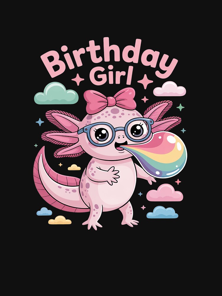 Cute Birthday Girl Axolotl with Bow and Pastel Clouds by SnackPAC