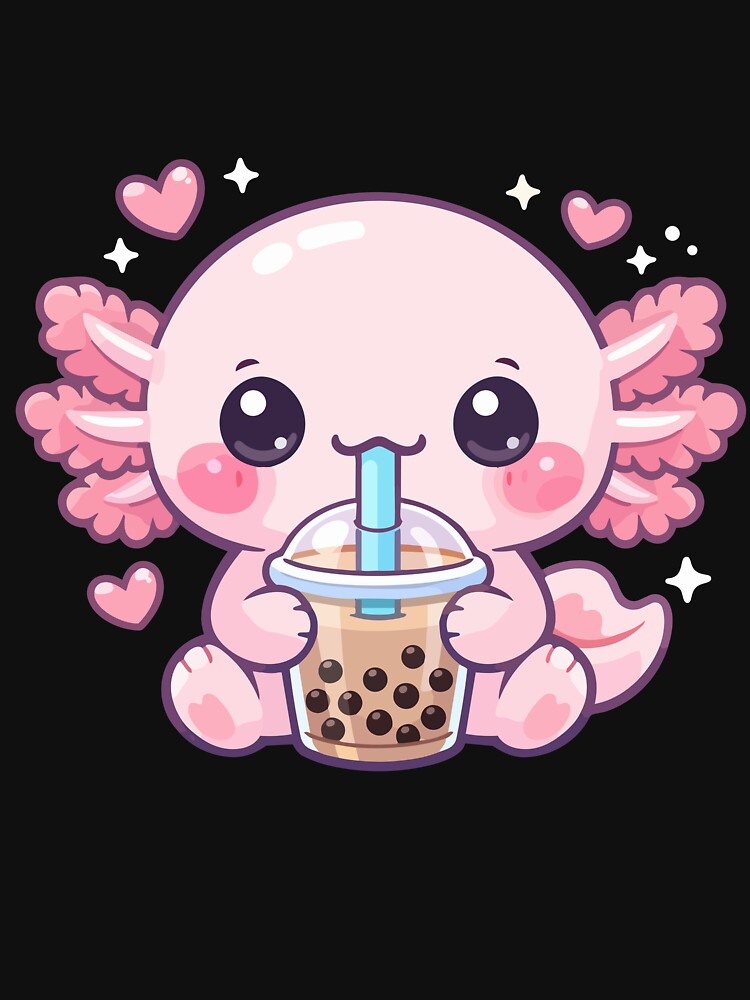 Kawaii Axolotl Drinking Boba Tea - Cute Pink Salamander Art by FamaPod